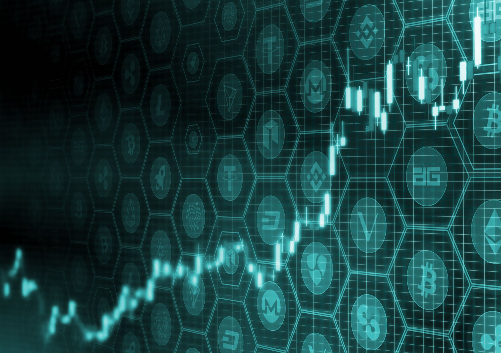 Picture of various crypto coins with a green candlestick trend line going upwards across them