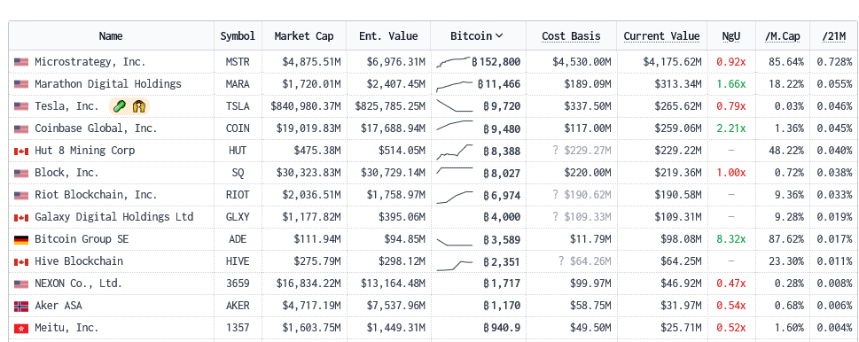 Public companies holding BTC: Bitcoin Treasuries