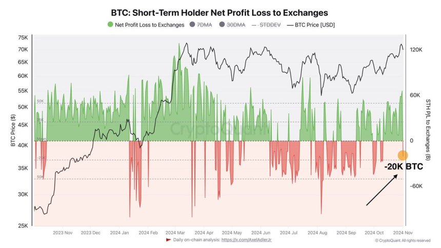 Bitcoin STHs Net Profit Loss to Exchanges at -20 BTC 