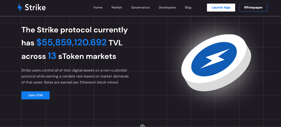 The homepage of Strike, a DeFi lending protocol that allows users to earn interest on their cryptocurrencies by depositing them into supported markets.